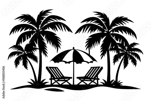 Black and White Tropical Beach Scene with Palm Trees Deck Chairs and Umbrellas Silhouette