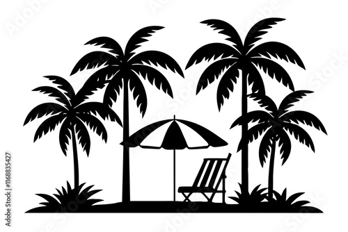 Black and White Tropical Beach Scene with Palm Trees Deck Chairs and Umbrellas Silhouette