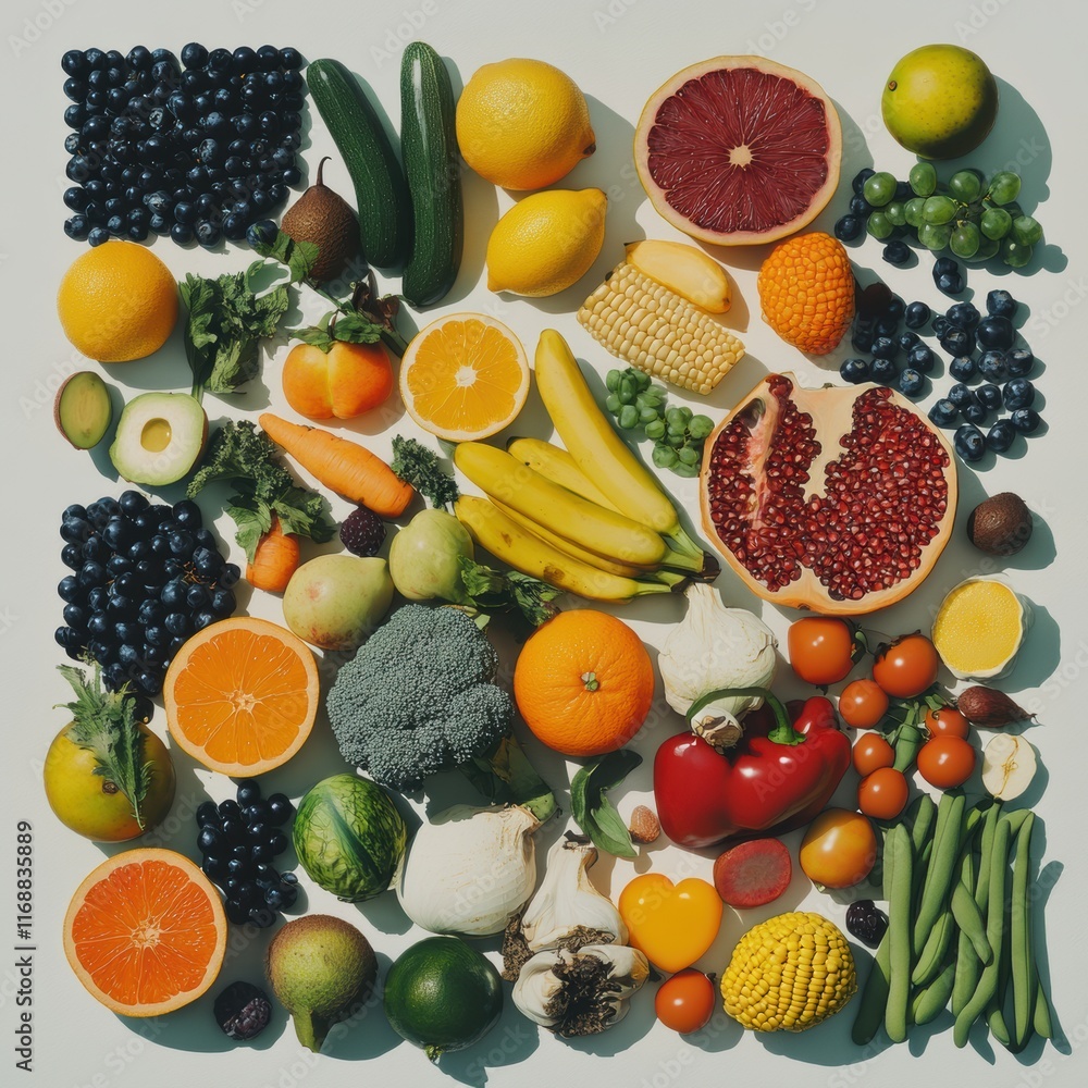 Fresh and Vibrant Assortment of Fruits and Vegetables Displayed Creatively on a Light Background for Health and Nutrition Concepts Fresh and Vibrant Assortment of Fruits and Vegetables Displayed Creatively on a Light Background for Health and Nutrition Concepts