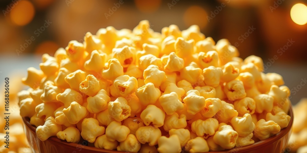 A bowl of golden popcorn, kernels plump and glistening under warm light A bowl of golden popcorn, kernels plump and glistening under warm light