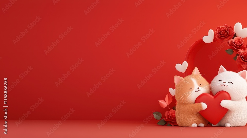 Valentine's Day cat and red rose wallpaper concept. Two adorable cats embrace a heart surrounded by flowers and hearts on a vibrant red background, symbolizing love and affection. Valentine's Day cat and red rose wallpaper concept. Two adorable cats embrace a heart surrounded by flowers and hearts on a vibrant red background, symbolizing love and affection.