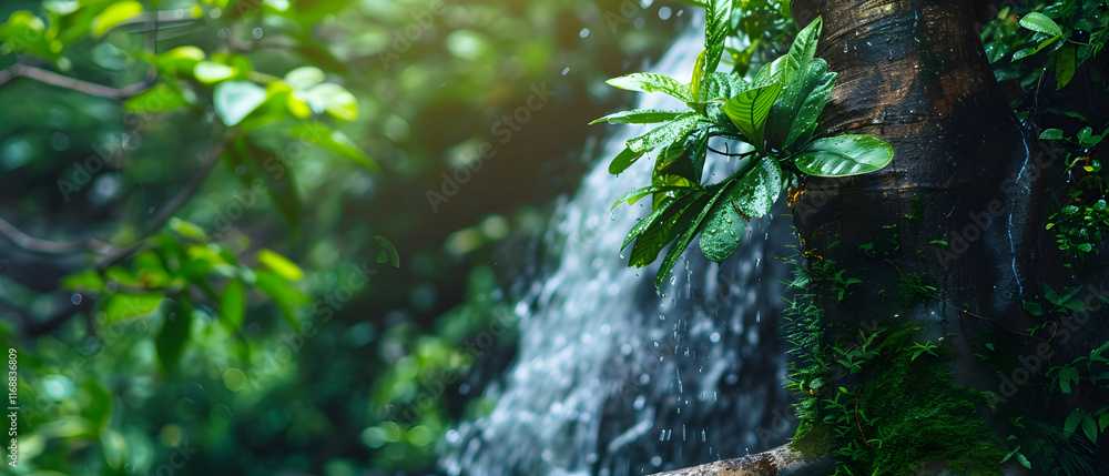 Serene Waterfall Cascading Over Rocks Surrounded by Lush Green Foliage in a Tranquil Nature Setting Serene Waterfall Cascading Over Rocks Surrounded by Lush Green Foliage in a Tranquil Nature Setting