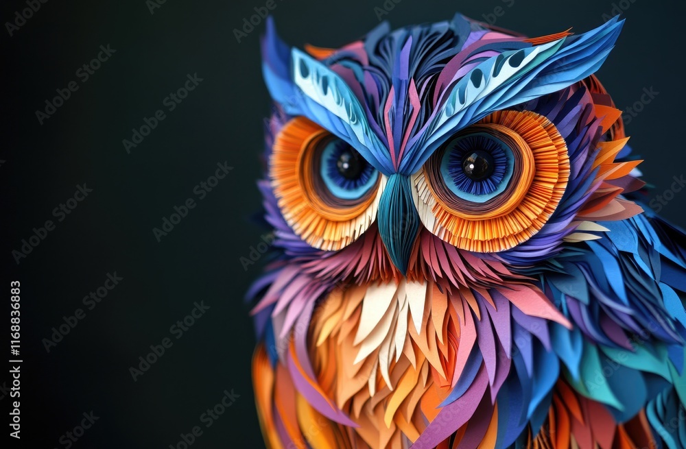 A colorful owl made of paper art, with an extreme close-up shot and a dark background. A colorful owl made of paper art, with an extreme close-up shot and a dark background.