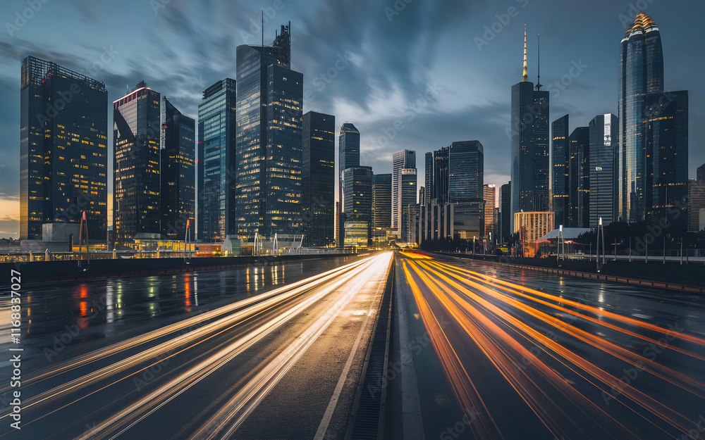 Fototapeta premium modern city with tall skyscrapers. futuristic city at night. 