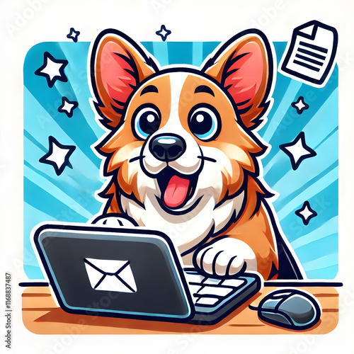 An icon of a corgi typing on a computer looking surprised on a white background