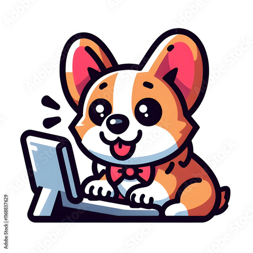 An icon of a corgi typing on a computer looking surprised on a white background