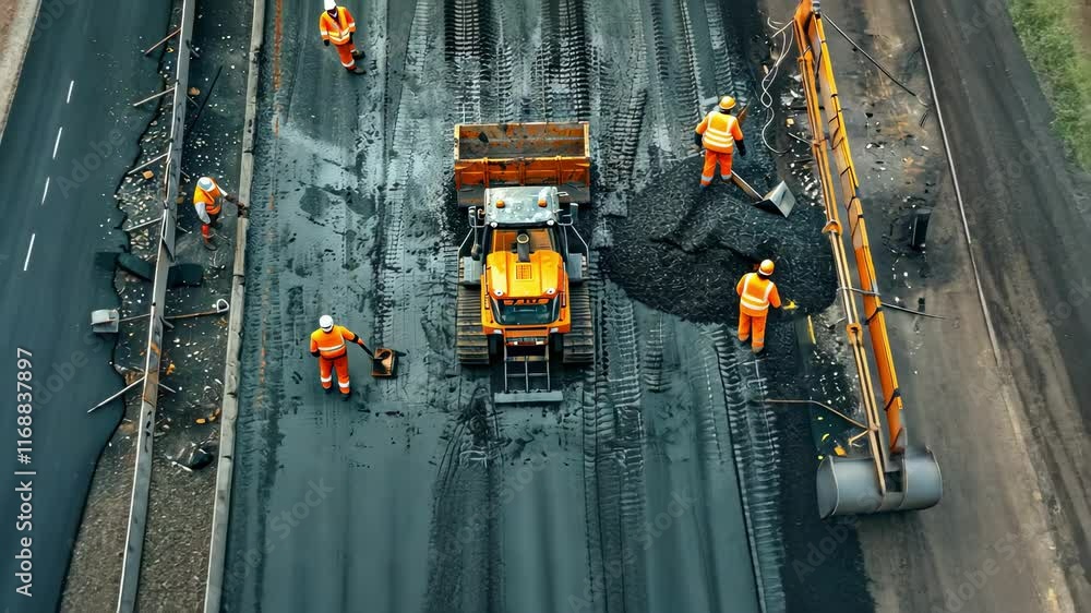 Road construction workers teamwork tarmac laying work Road construction workers teamwork tarmac laying work