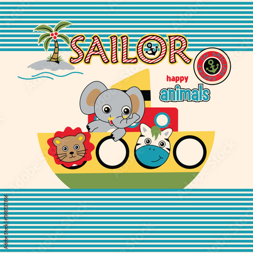 Adorable animal sailor vector illustration on a tropical island with cheerful little friends in a playful design

