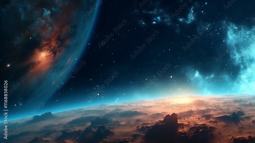 Alien Planet Sunrise Over Misty Mountains And Nebula