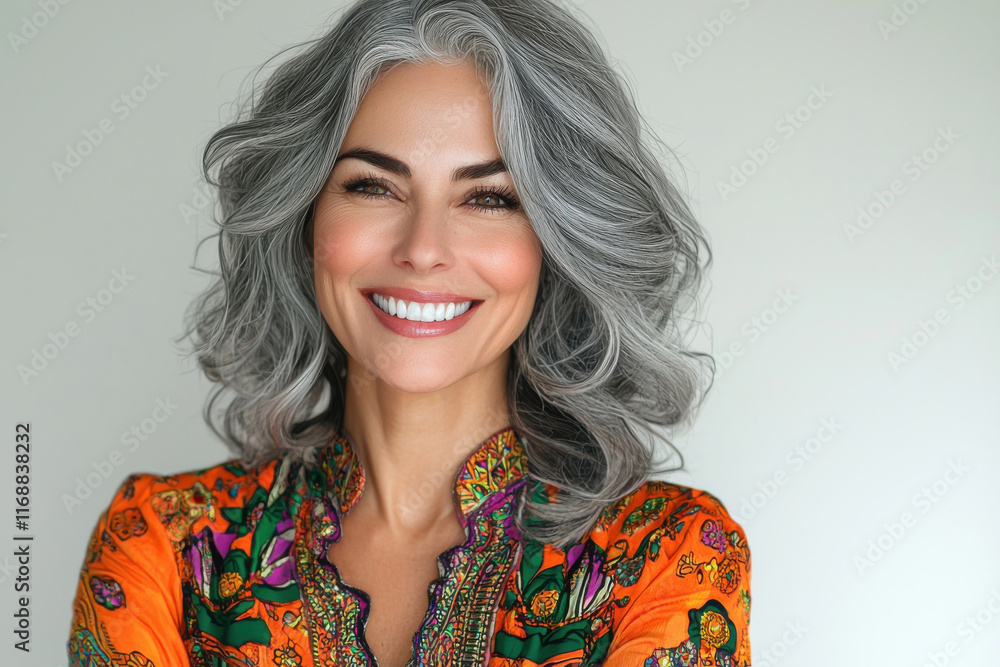 Smiling woman with gray hair in vibrant outfit Smiling woman with gray hair in vibrant outfit