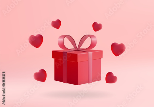 3D vector render illustration of a red gift box icon with a bow with hearts floating around. on a light pink background Give a romantic feeling For the theme of love, Valentine's Day, special gifts