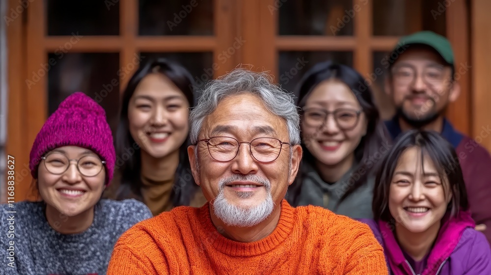 Fototapeta premium Happy Multigenerational Asian Family Portrait Smiling Senior Man with Children and Grandchildren