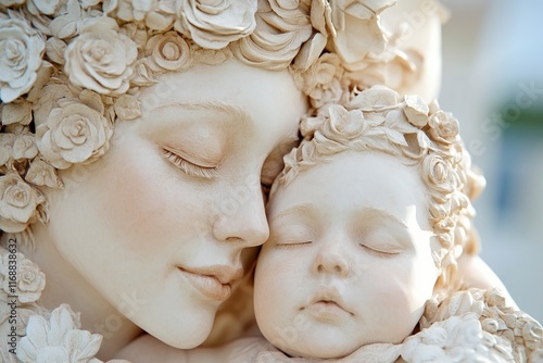 Experience a heartwarming embrace between a mother and her child, showcasing their nurturing bond in this beautiful sculpture The soft, creamy tones and intricate floral details evoke a sense of