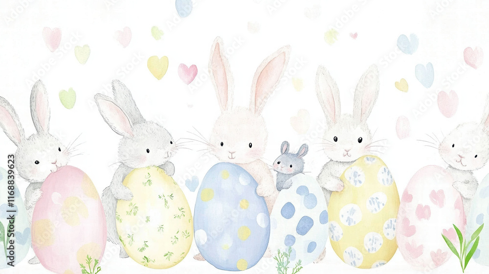 Cute bunnies holding colorful Easter eggs in a whimsical design Cute bunnies holding colorful Easter eggs in a whimsical design