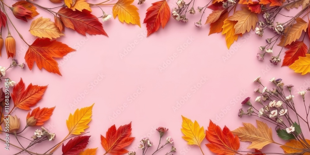 Autumnal leaves and dried flowers arranged on a pink background, creating a charming and elegant fall border. Autumnal leaves and dried flowers arranged on a pink background, creating a charming and elegant fall border.