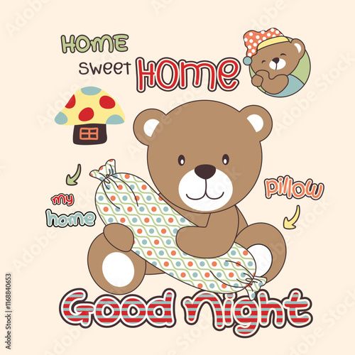 Cute bear vector illustration sleeping peacefully with good night wishes in a dreamy design
