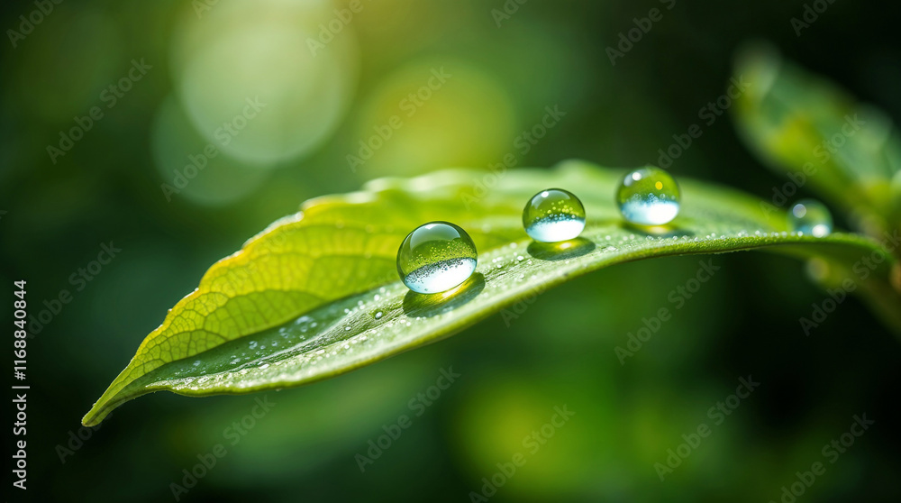 Dew drops symmetrically resting on a bright green leaf, blurred green bokeh background Dew drops symmetrically resting on a bright green leaf, blurred green bokeh background
