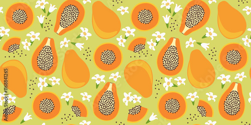 Fruit seamless pattern with papaya and flowers in flat design. Simple vector illustration.