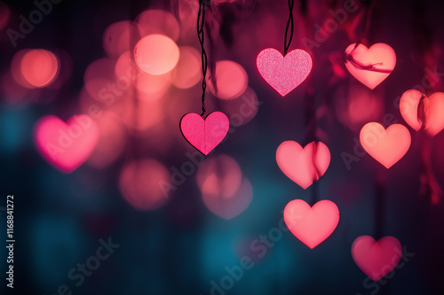 Romantic glowing pink heart lights hanging on branches in a dreamy dark background for Valentine's Day or love-themed designs. photo