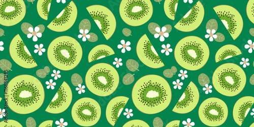 Fruit seamless pattern with kiwi and flowers in flat design. Simple vector illustration.