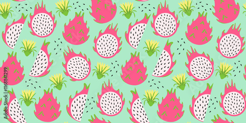 Fruit seamless pattern with pitahaya and flowers. Vector tropical illustration. Abstract summer background.