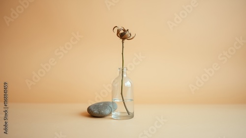 A single dried flower in a clear glass bottle, minimalist still life with a smooth grey stone