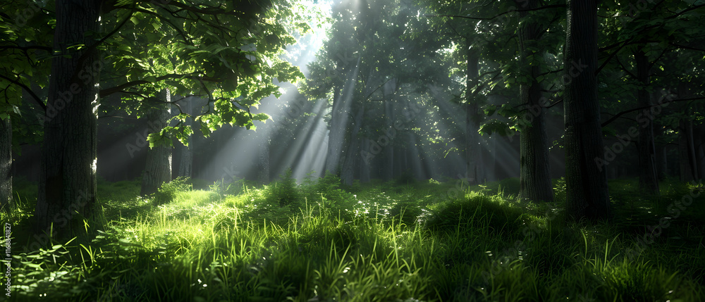 Obraz premium Light Streaming Through Dense Forest Canopy Creating Enchanting Natural Atmosphere with Lush Greenery and Soft Shadows