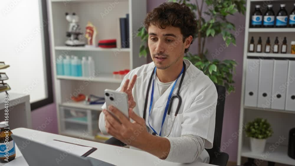 Young man in a clinic room holds a phone demonstrating online consultation in a medical environment for patient interaction and healthcare communication. Young man in a clinic room holds a phone demonstrating online consultation in a medical environment for patient interaction and healthcare communication.
