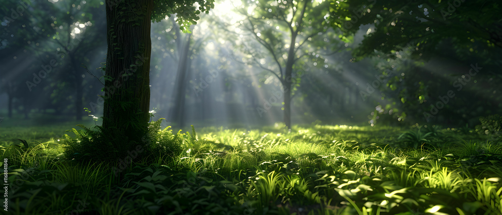 Obraz premium Sunlight Streaming Through Trees in Lush Green Forest with Vibrant Foliage and Soft Morning Mist