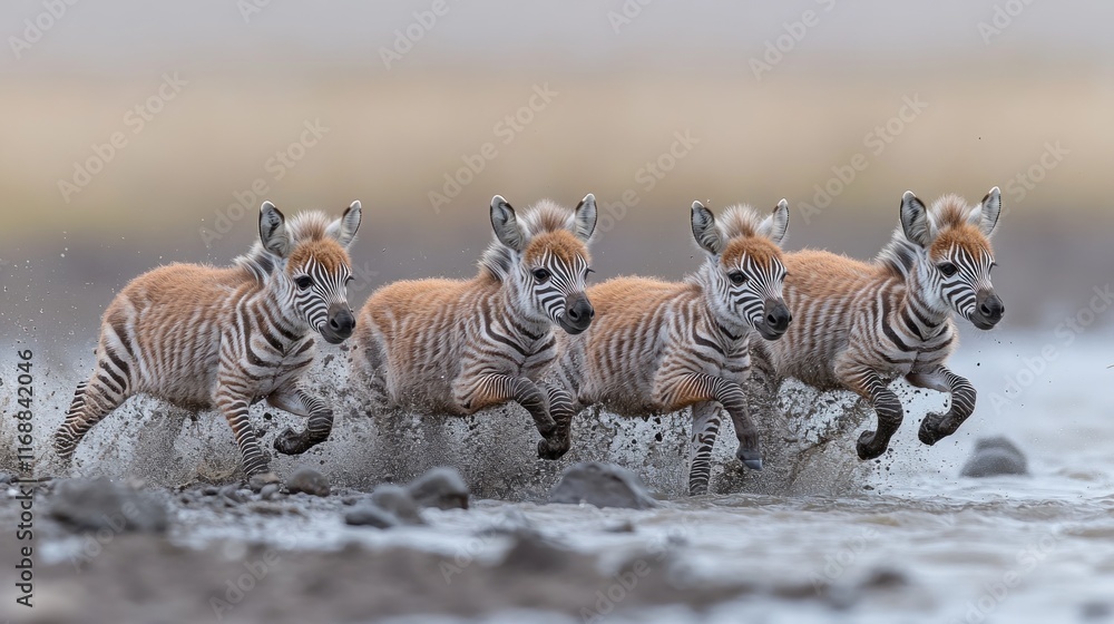 Fototapeta premium Four adorable rare zebra foals running playfully through shallow water.