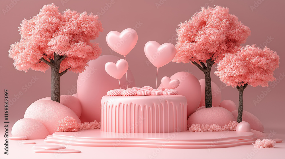 Pink heart-shaped balloons and a cake with roses on pastel background, perfect for Valentine's Day celebrations and romantic designs Pink heart-shaped balloons and a cake with roses on pastel background, perfect for Valentine's Day celebrations and romantic designs
