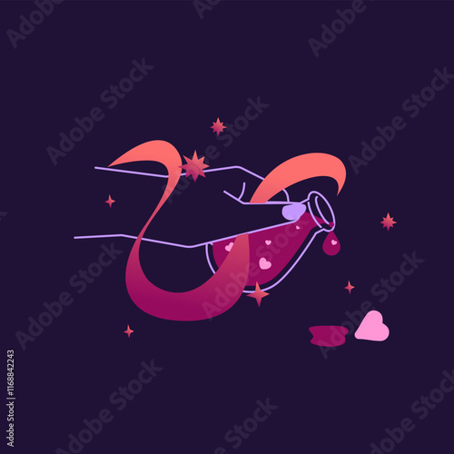 Enchanting vector illustration of a love potion in a witch’s hand, surrounded by vapor and magical symbols. Minimalist and modern, perfect for mystical and romantic designs.