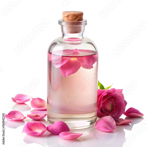 Rose water in bottle and rose petals on white background