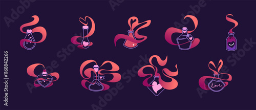 Vector illustration set of magic potions, mystical elixirs and remedies for love enchartment. Mystical and romantic collection of different flasks with hearts and smokes