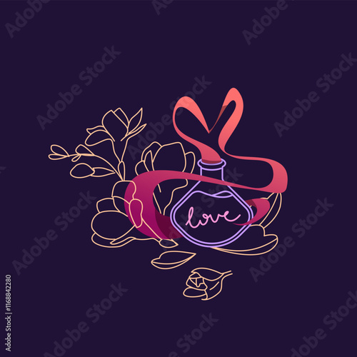 Vector illustration of love potion and magical elements with flowers, gemstones, and mystical themes. Perfect for clipart or mystical witchcraft designs.