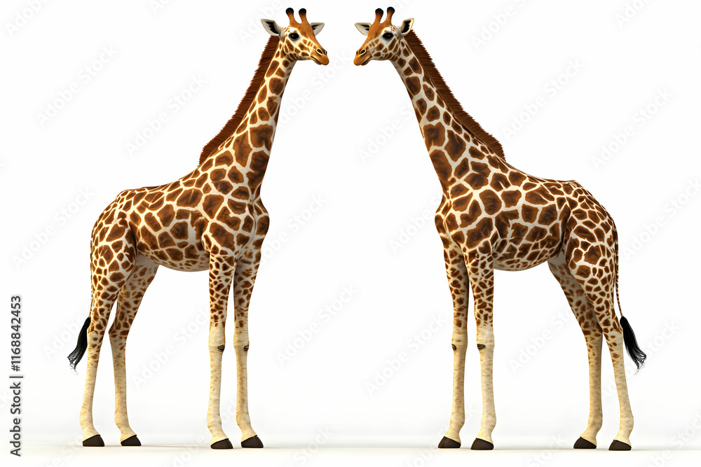 Fototapeta premium Two Giraffes Facing Each Other in a Studio Environment with White Background