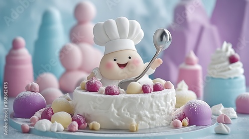 Adorable Chef Figurine Adorns a Pastel Cake Delight