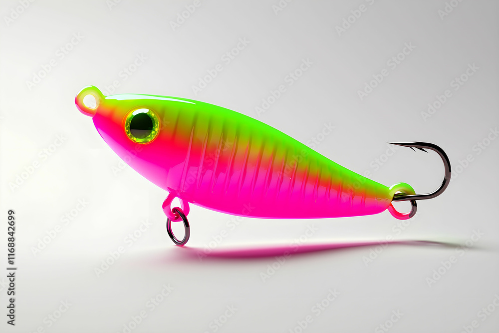 Vibrant Pink and Green Fishing Lure with Hook on a Clean Background for Anglers and Fishing Enthusiasts Vibrant Pink and Green Fishing Lure with Hook on a Clean Background for Anglers and Fishing Enthusiasts