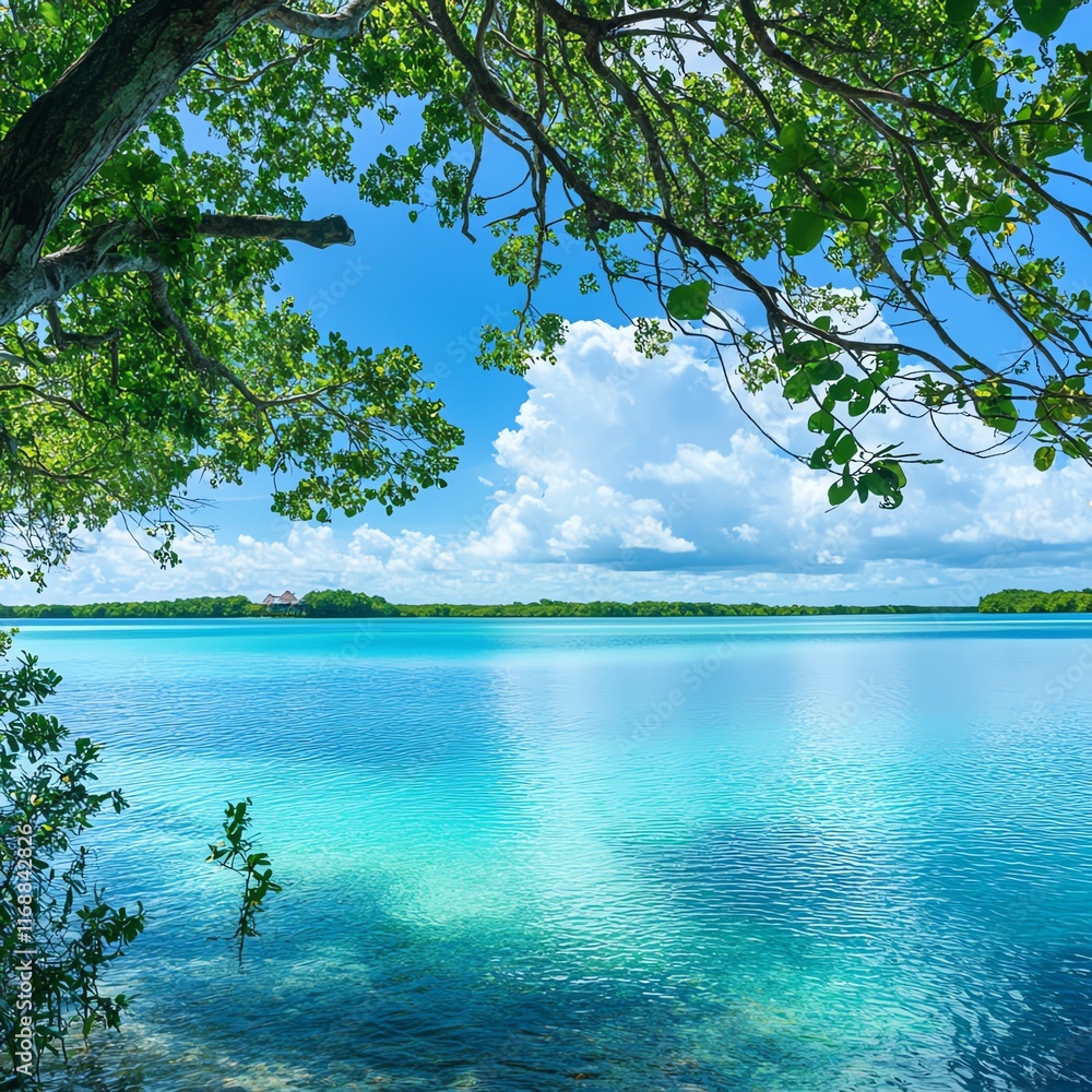 Serene waterscape with lush greenery and vibrant blue sky. Serene waterscape with lush greenery and vibrant blue sky.