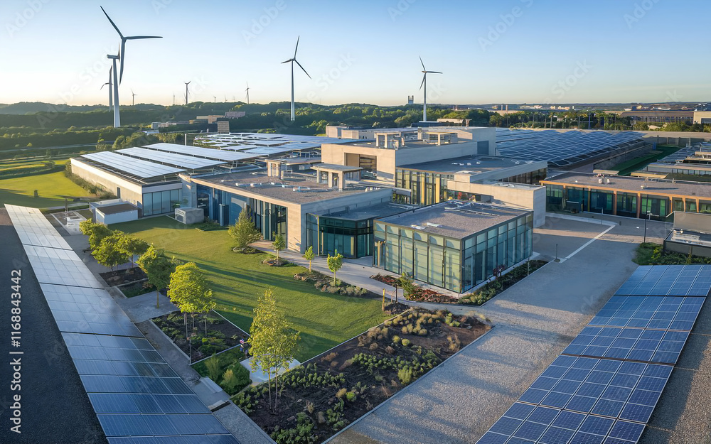 Fototapeta premium wind turbine with solar panel, symbolizing renewable energy and sustainability.