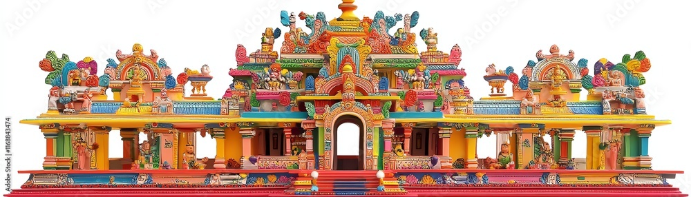 Colorful temple structure with intricate carvings, white isolated background Colorful temple structure with intricate carvings, white isolated background