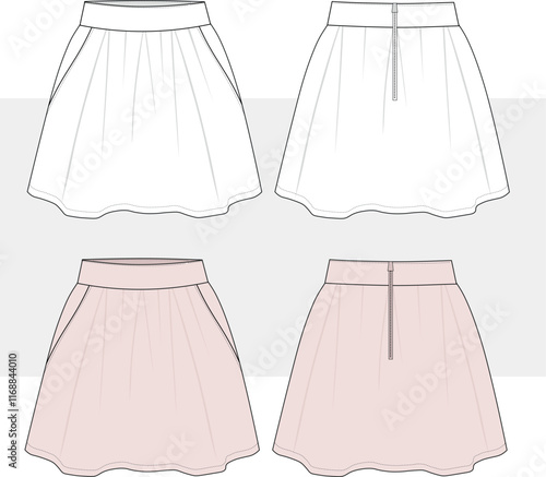 Flared pleat mini skirt front and back view. Fashion illustration, vector, cad, mockup. Technical drawing, Template.
