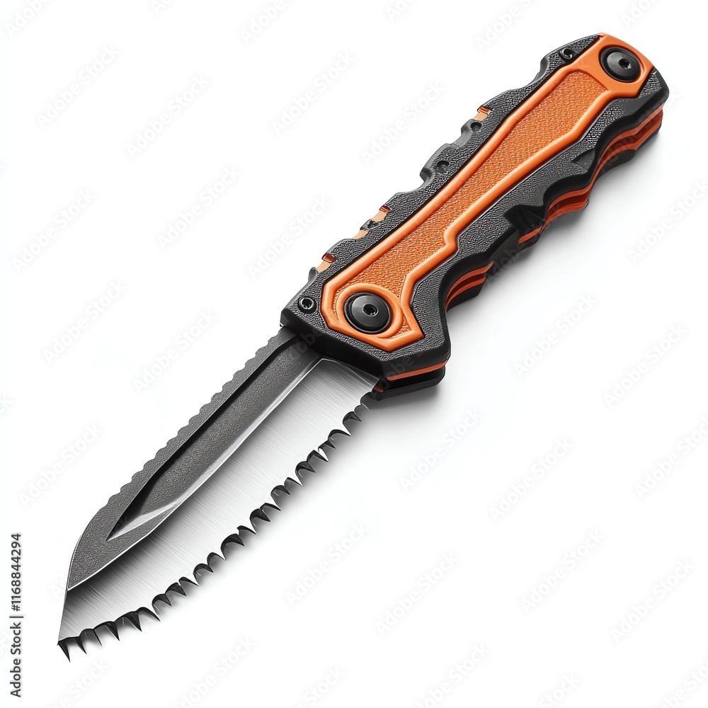 A sturdy, orange and black multitool knife with a serrated blade, designed for durability and versatility in various cutting tasks. A sturdy, orange and black multitool knife with a serrated blade, designed for durability and versatility in various cutting tasks.