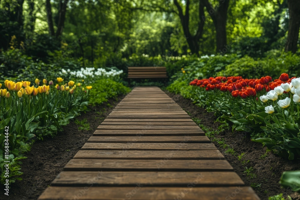 A beautifully manicured garden walkway lined. Generative AI A beautifully manicured garden walkway lined. Generative AI