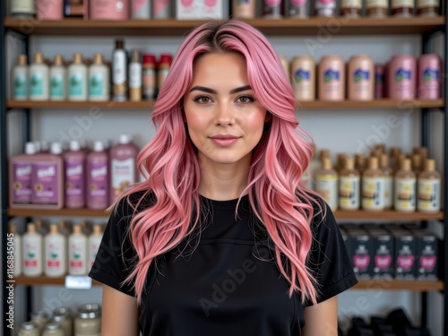 Attractive Young Woman with Long Pink Hair Posing in Front of Shelves with Products