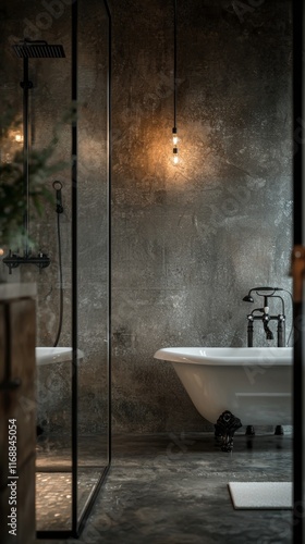 Stylish bathroom with vintage bathtub and modern lighting in a muted color palette