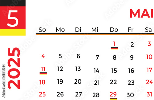 German May 2025 Corporate Monthly Calendar Sunday Start Clean Look