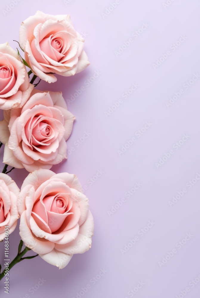 A Romantic Arrangement of Blush Pink Roses Placed Vertically on the Left Side Against a Light Lavender Background A Romantic Arrangement of Blush Pink Roses Placed Vertically on the Left Side Against a Light Lavender Background