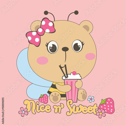 Adorable cute animal character joyfully enjoying a refreshing strawberry juice drink in a cheerful mood
