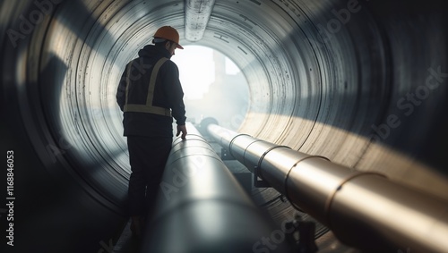 Worker inspects large pipe in underground tunnel at construction site during daylight hours